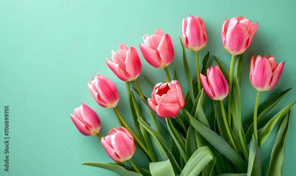 Obraz premium Fresh pink tulips on pastel menthe green background, Generative AI