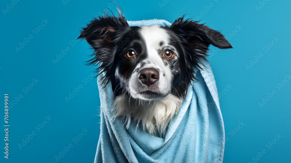 Border Collie Dog Wrapped in Towel on Blue Background