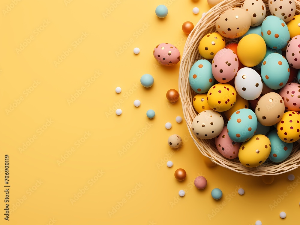 colorful easter eggs on yellow cream background for wallpaper and poster for easter days decoration