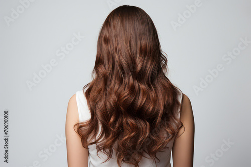 Elegant Beauty: A Young Woman's Healthy, Wavy Hair in a Studio Portrait with a Clean, Bright Background