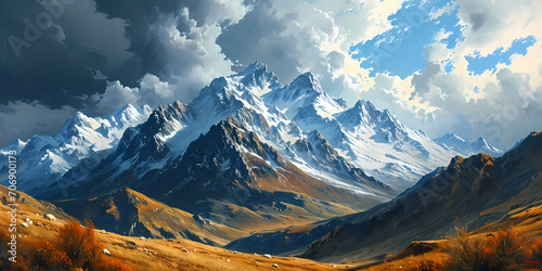 Mountain Tibet Roerich, A Snowy Mountain Range With Clouds In The Sky photo