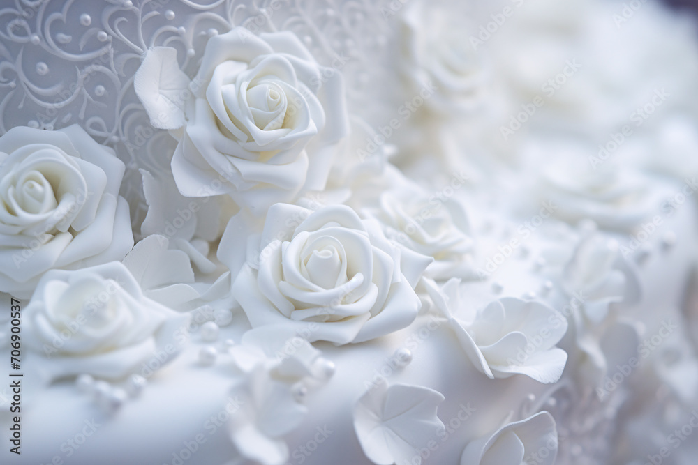 Close up of detailed white rose flower sugar icing on wedding cake Close up of detailed white rose flower sugar icing on wedding cake