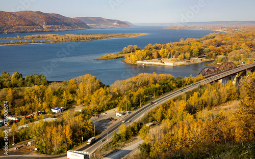 The picturesque Volga River against the backdrop of the Zhiguli Mountains on a sunny autumn day