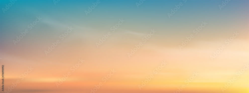 Sky Blue with cloud background,Vector Horizon beach sunset with yellow,pink,orange pastel in Spring,Panorama beautiful Nature morning sunrise sky in Summer,Banner landscape background - obrazy, fototapety, plakaty 