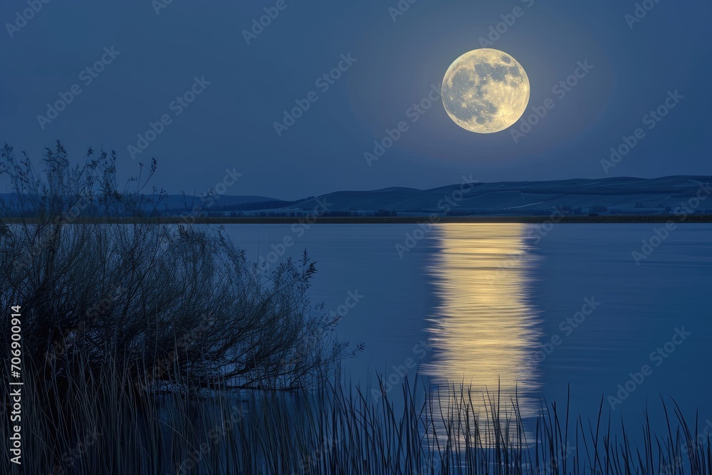 Full moon casting light over a quiet lake