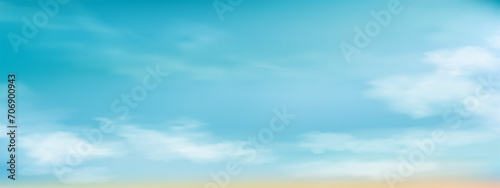 Sky blue with cloud background,Vector Horizon beach sunset with yellow and blue colour in Spring,Panorama beautiful Nature morning sunrise sky in sunny day Summer,Banner landscape background © Anchalee