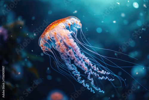 Glowing jellyfish swimming in deep ocean waters