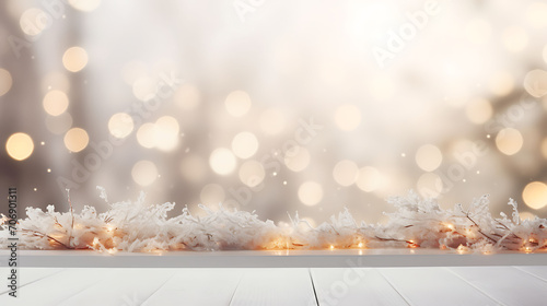 Empty white wold table top with abstract warm living room decor with tree string light blur background with snow,Holiday backdrop,Mock up banner for display of advertise ,