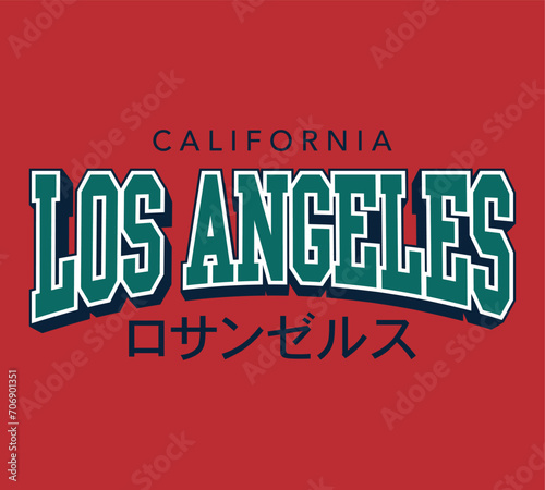 Los Angeles collegiate varsity slogan print with Japanese translation "Los Angeles"