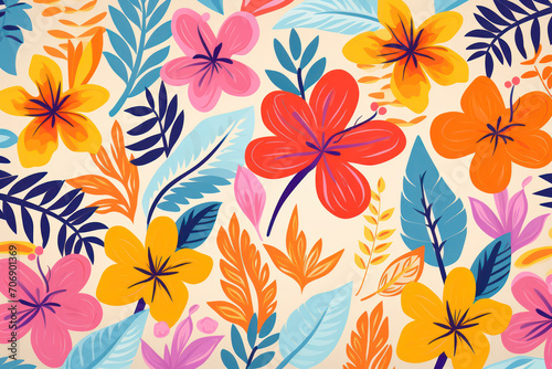 Wallpaper Mural Floral Bliss: A Colorful Summer Garden of Exotic Leaves and Beautiful Blossoms, a Seamless Botanical Wallpaper with a Modern Vintage Twist Torontodigital.ca