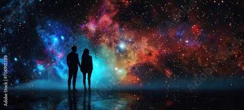 Man and woman silhouettes on abstract space background with copy space