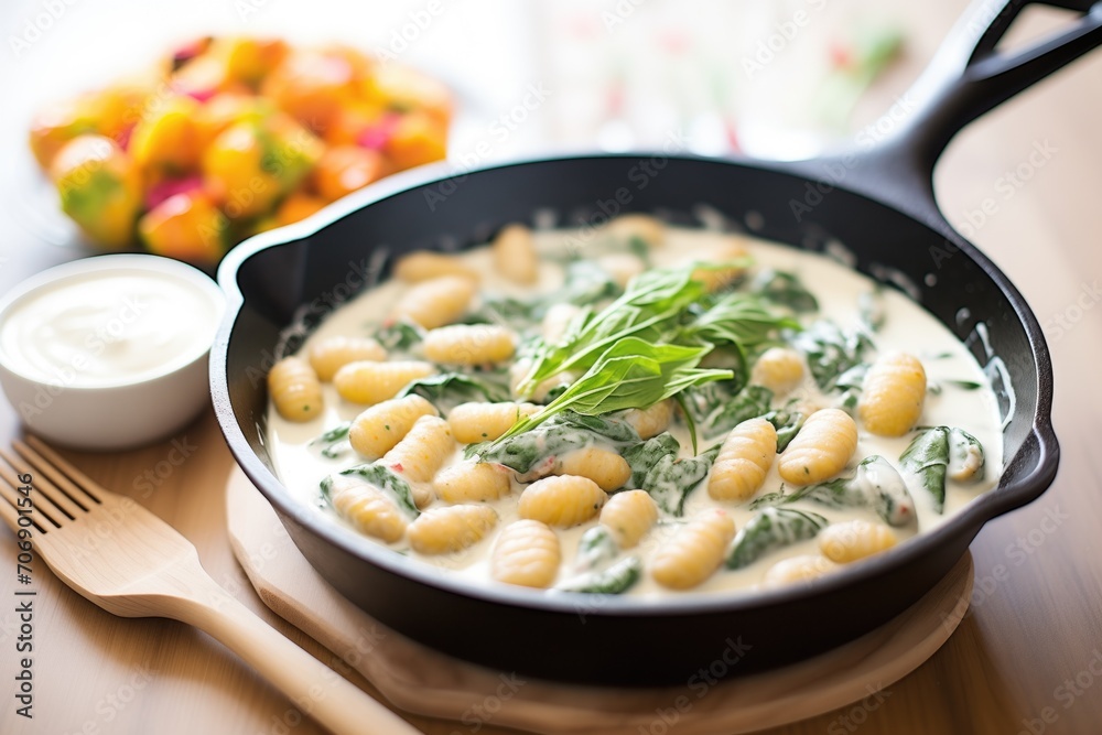 gnocchi in a skillet with spinach and cream