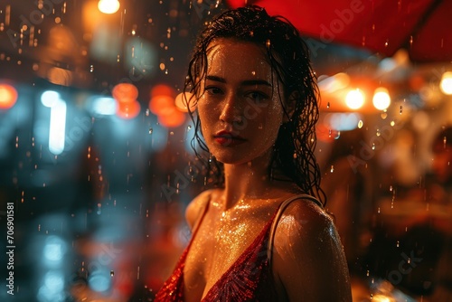 woman in red dress in the rain photo