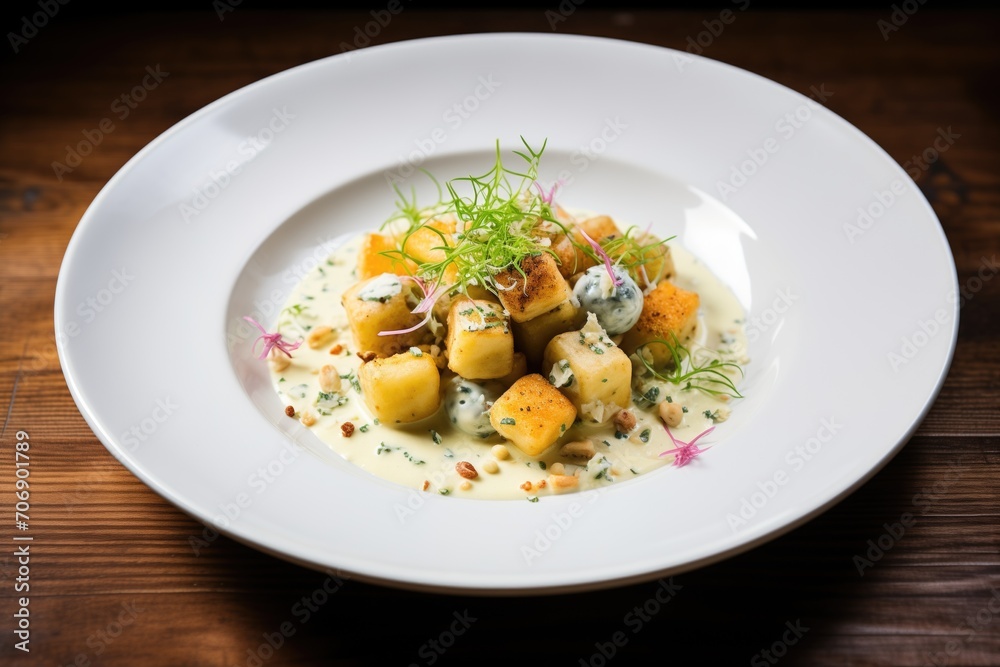 gnocchi with chunks of gorgonzola on top gnocchi with chunks of gorgonzola on top