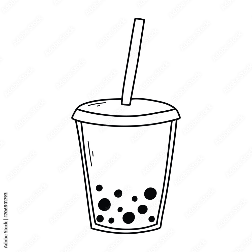 Bubble tea isolated on a white background in doodle style. Vector illustration of smoothie or bubble tea.