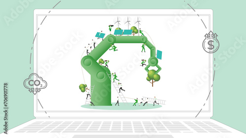 ESG sustainability business policy. Carbon credit calculate from reduce carbon footprint and carbon dioxide to carbon offset. Laptop computer notebook with green industry on desktop.