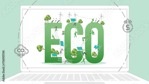 ESG sustainability business policy. Carbon credit calculate from reduce carbon footprint and carbon dioxide to carbon offset. Laptop computer notebook with ECO on desktop.