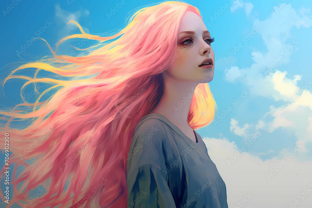 A Light Yellow Pink And Blue Background, A Woman With Pink Hair