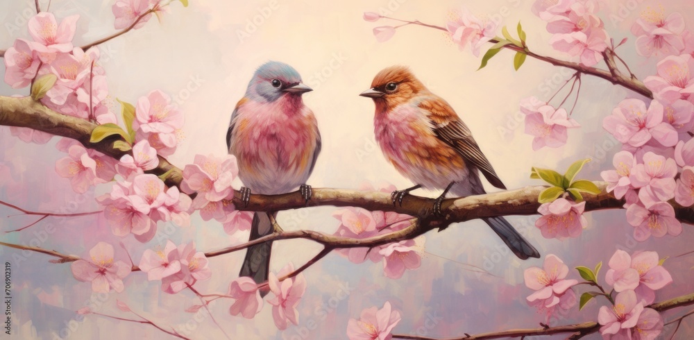 two birds are seated on a pink blossom branch