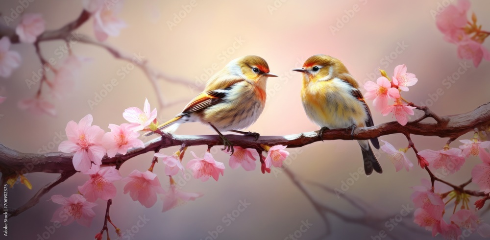 two birds are seated on a pink blossom branch