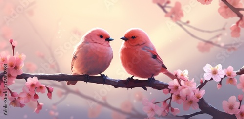 two birds are seated on a pink blossom branch © olegganko