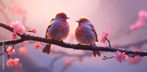 two birds are seated on a pink blossom branch photo