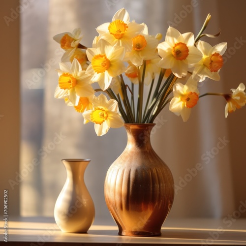 some daffodils are in a brown vase