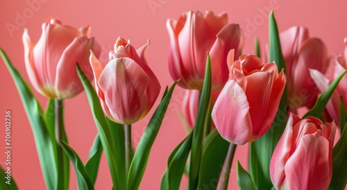  pink tulips are blooming against a pink background