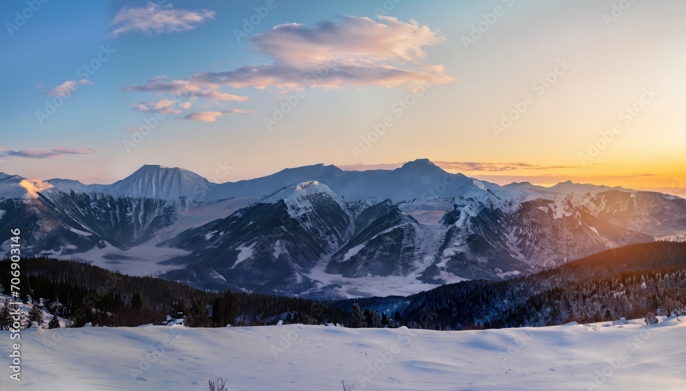 Winter panoramic view of the snowy high mountains