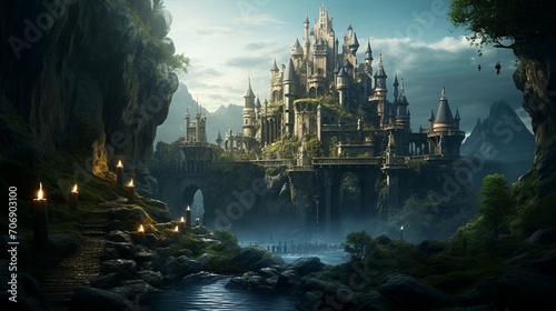 a fantasy castle is shown in the middle of a river