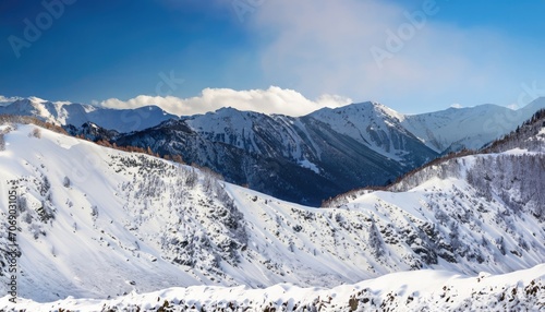Winter panoramic view of the snowy high mountains