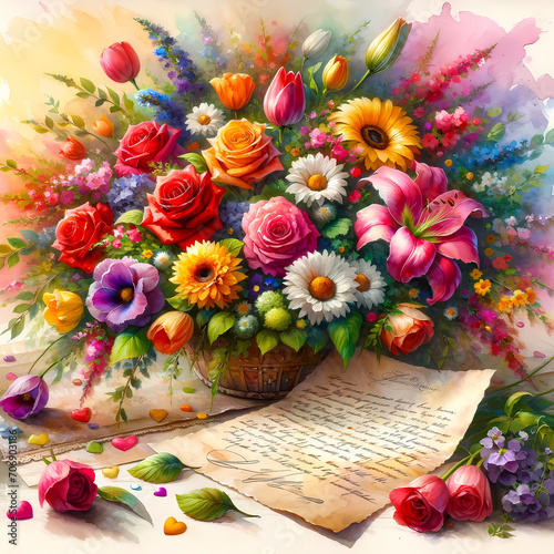 A vibrant watercolor painting of a bouquet of assorted flowers accompanied by a love letter