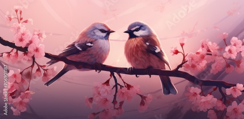 two birds are seated on a pink blossom branch