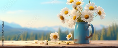 the blue jug contains daisy flowers on a wooden table photo