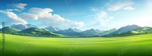 the green field is blurry with mountains beyond it