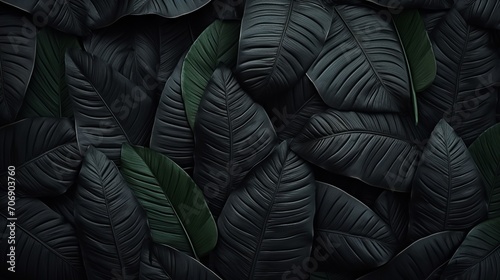 Realistic Detailed 3d Black Tropical Leaf Seamless Pattern. Generative AI