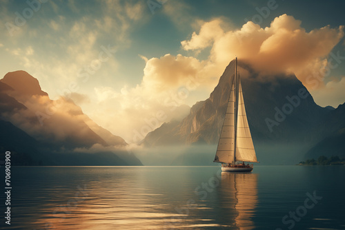 Bird eye view of Sailboat on wide sea with cloud on sky.