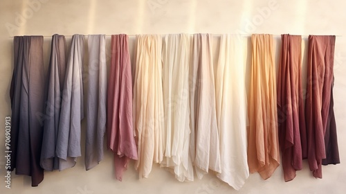 Set of different colored scarves hanging on the wall, 3d render Generative AI