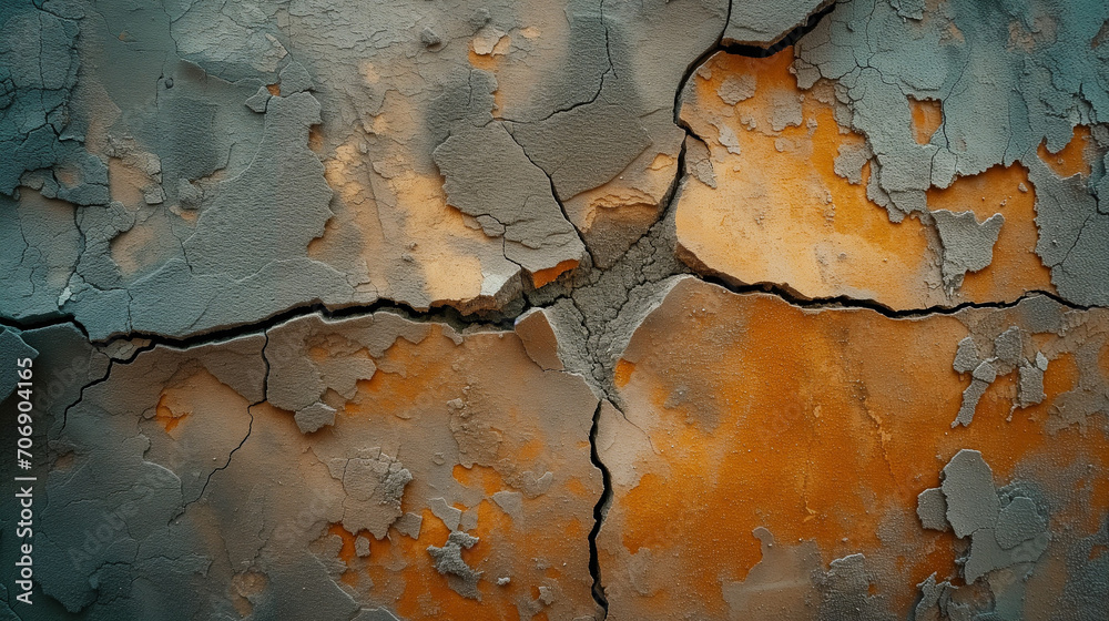 A large crack on the wall of an old house, crumbling plaster and broken, cracked bricks. Background image Large amount of cement rendering seen fallen of a brick wall 