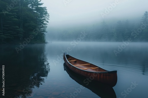 Lonely canoe floating on a misty lake at dawn