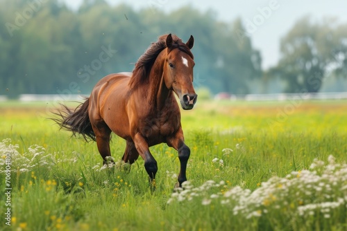 Majestic horse running freely in a lush green field © furyon