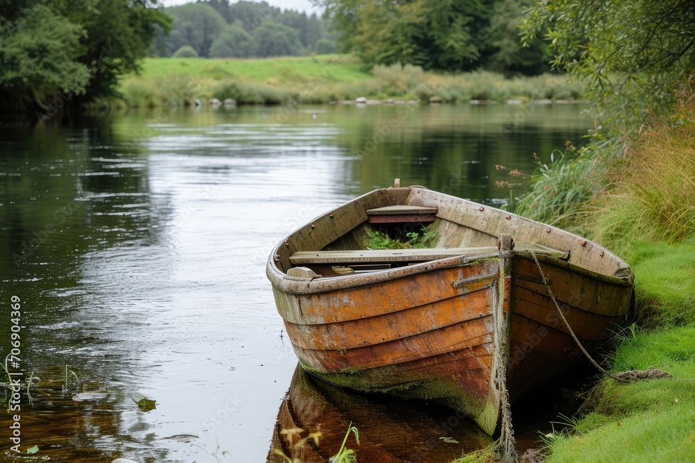 Old wooden rowboat moored on a quiet riverbank Old wooden rowboat moored on a quiet riverbank