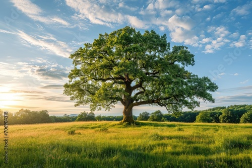 Old oak tree standing alone in a meadow