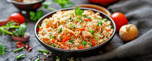 Rice dish combined with vegetables and chicken with copy space