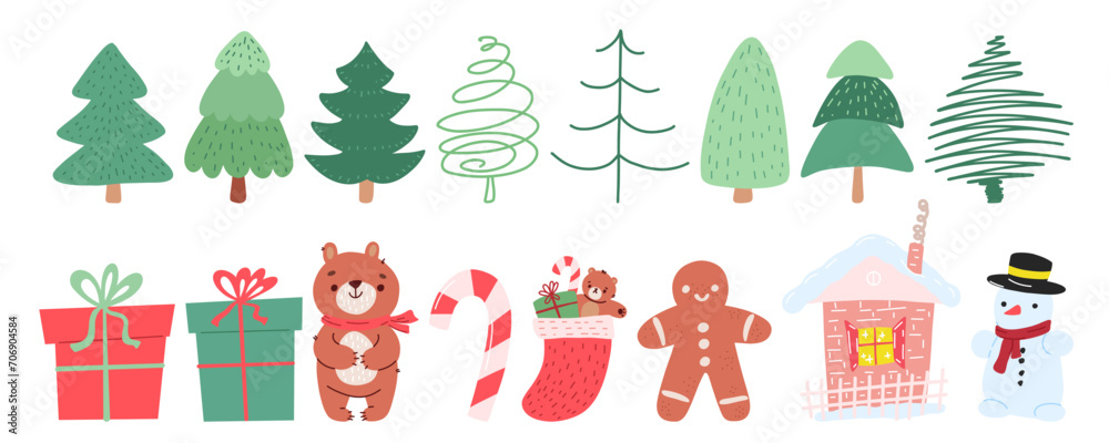 Christmas set. Hand drawn Cartoon gift, bear, gingerbread man, house, santa sock, snowman, caramel cane, tree. New Year's decorative elements. Stock vector illustration isolated on a white background.