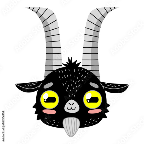 Black goat head. The cute witch goat of the coven. Farm, agriculture, kindergarten, halloween. Stock vector illustration isolated on a white background.