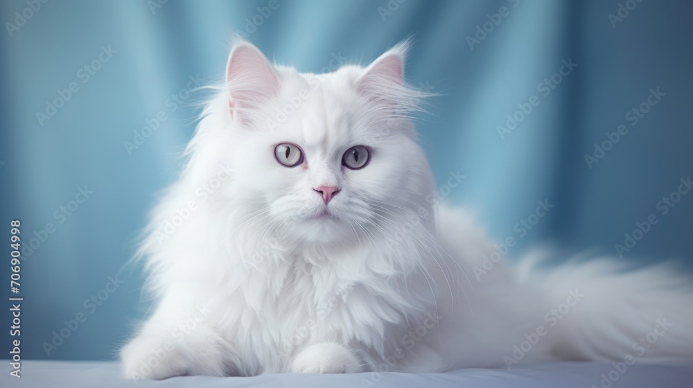 Portrait of white persian cat with blue eyes on blue background Generative AI