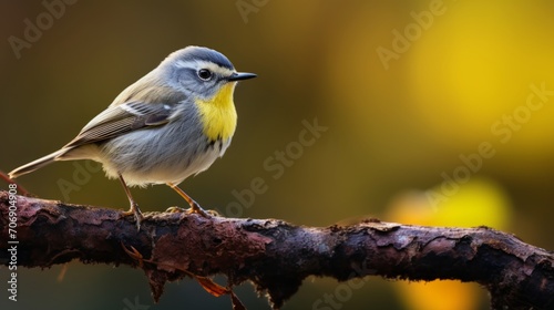 Portrait of a blue warbler on a branch in autumn. Generative AI
