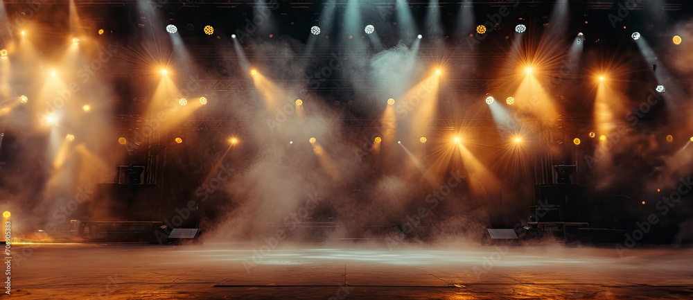 Concert stage decorated with bright spotlights and smoke with copy space