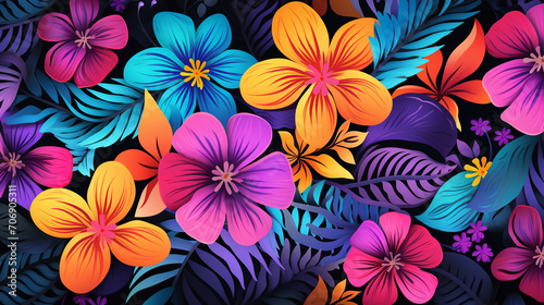 Painted bright colors flowers. Drawn flowers design elements on black background.